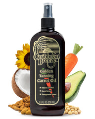 Caribbean Breeze carrot tanning oil bottle in sunlit glow.
