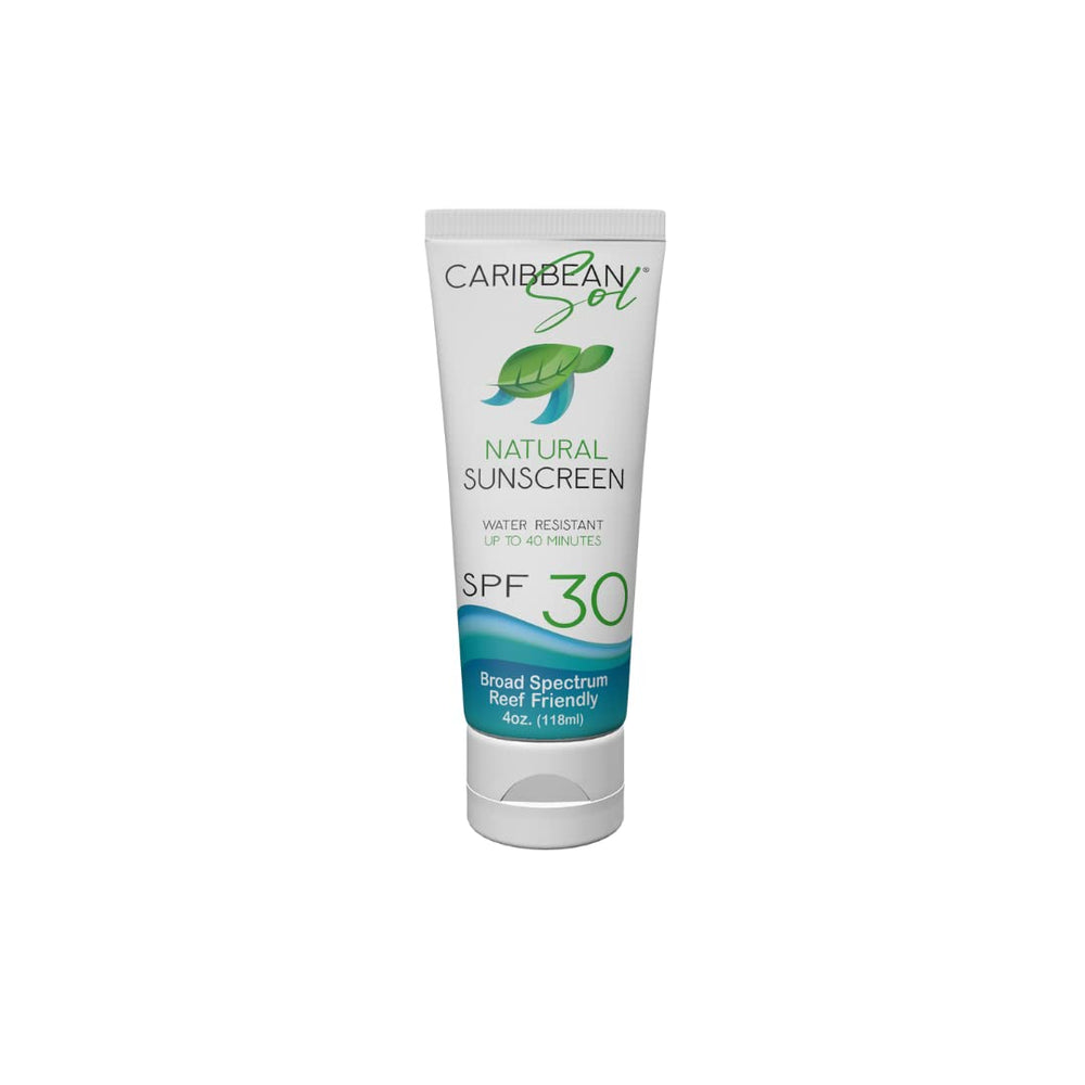 Caribbean Sol SPF30 bottle provides mineral protection outdoors.