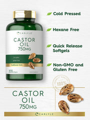 Carlyle Castor Oil 750mg ingredients label shows non-GMO gluten-free formula