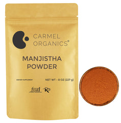 Carmel Organics Manjistha packaging showing natural dye option for skincare and hair use