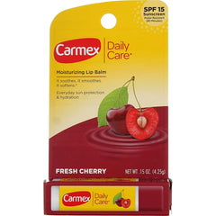 Carmex Click-Stick Cherry lip balm front view with SPF 15 protection and moisturizing properties.