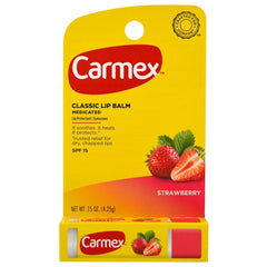 Carmex Click-Stick Strawberry lip balm glides smoothly for daily moisture.