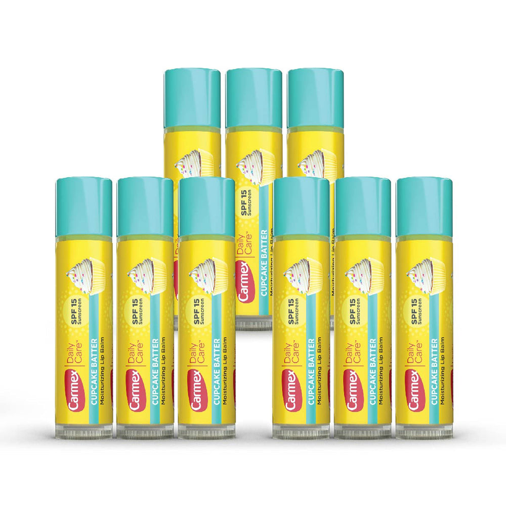 Carmex Daily Care Cupcake Batter lip balm stick with SPF 15 for daily sun protection.