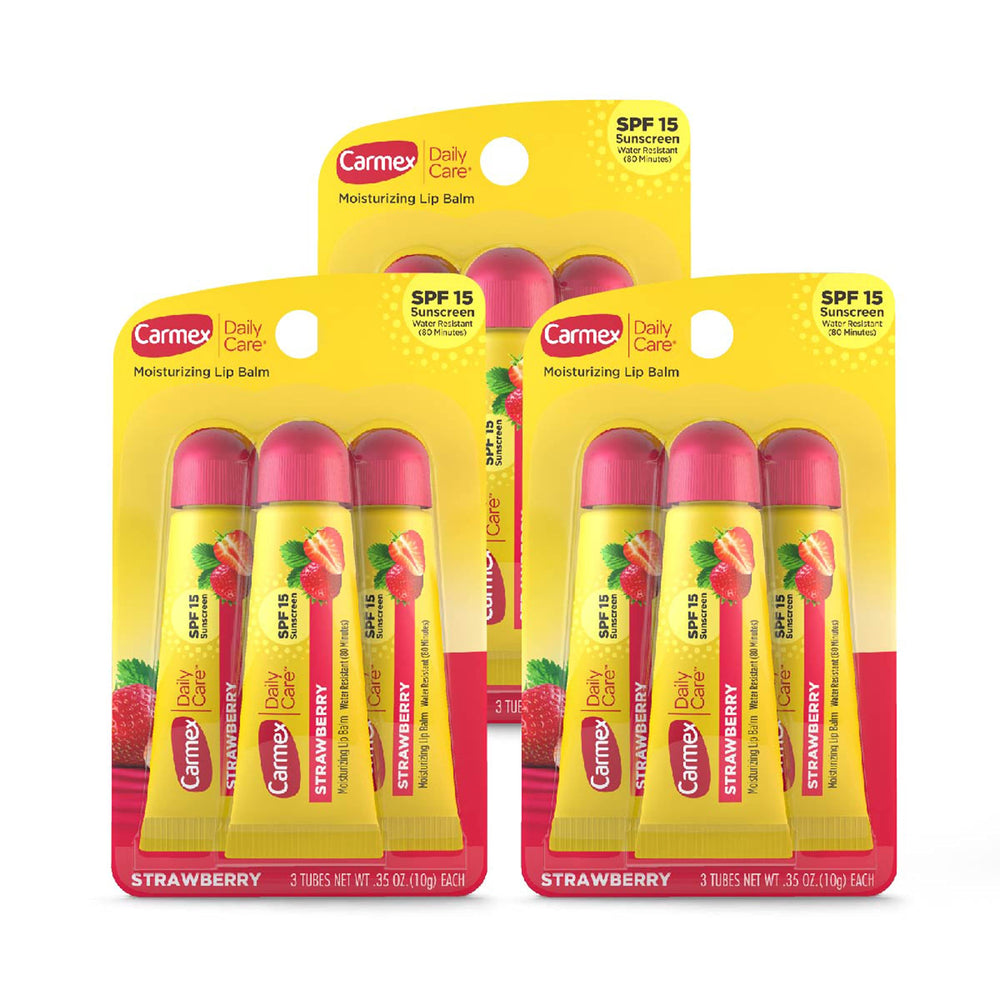 Carmex Daily Care SPF15 Strawberry lip balm tube front view for on-the-go sun protection
