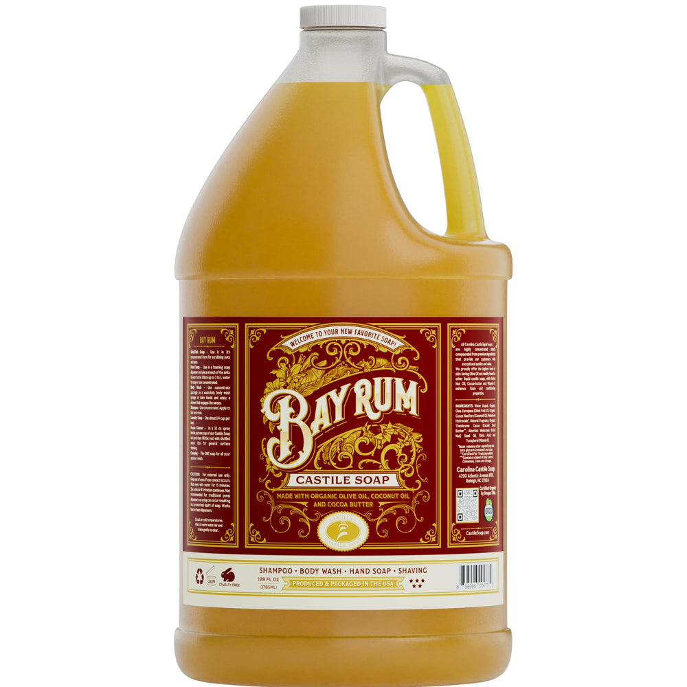 Carolina Castile Soap Bay Rum bottle with warm, inviting aroma for daily cleansing.