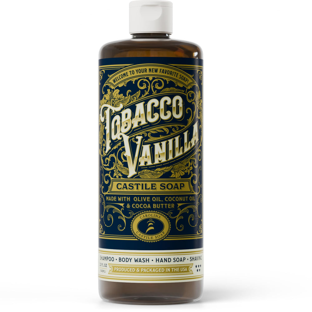 Carolina Castile Tobacco Vanilla bottle front showing a gentle, versatile wash for skin and hair.