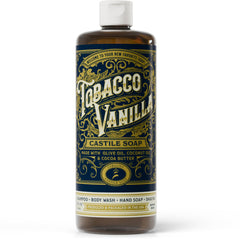 Carolina Castile Tobacco Vanilla bottle front showing a gentle, versatile wash for skin and hair.