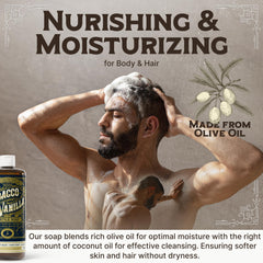 Carolina Castile Tobacco Vanilla bottle pour demonstrates easy dispensing in a shower routine.