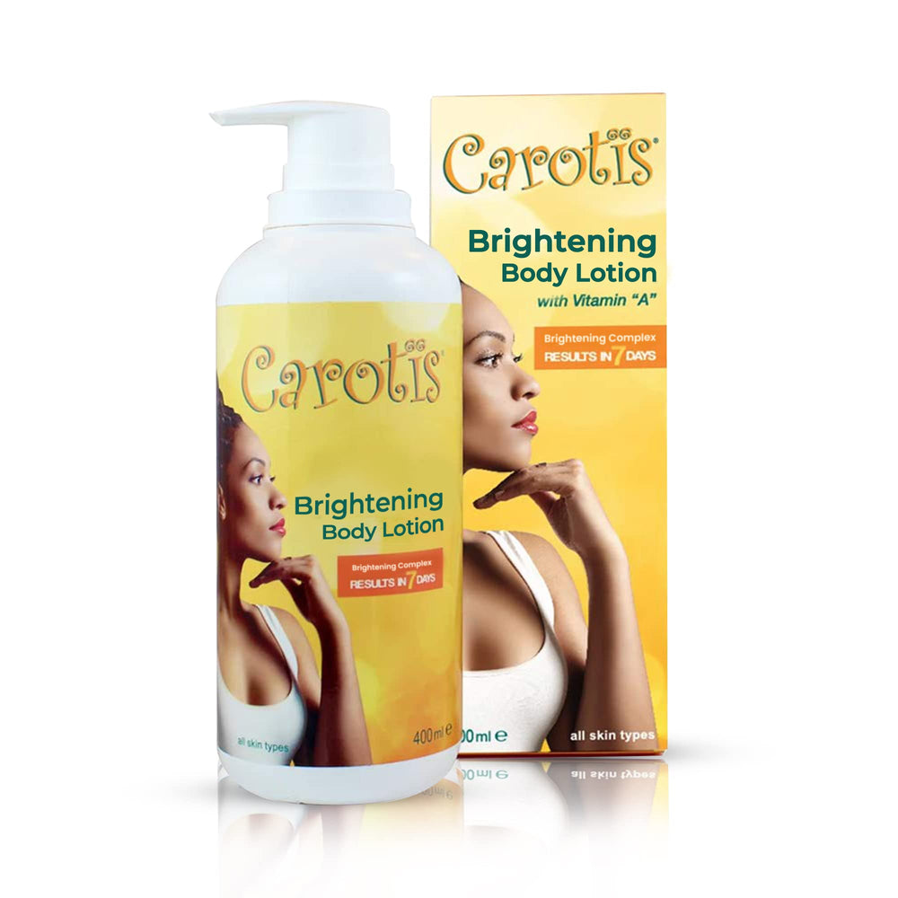 CAROTÏS Skin Brightening Lotion bottle demonstrates hydrating, smoothing application for brighter skin.