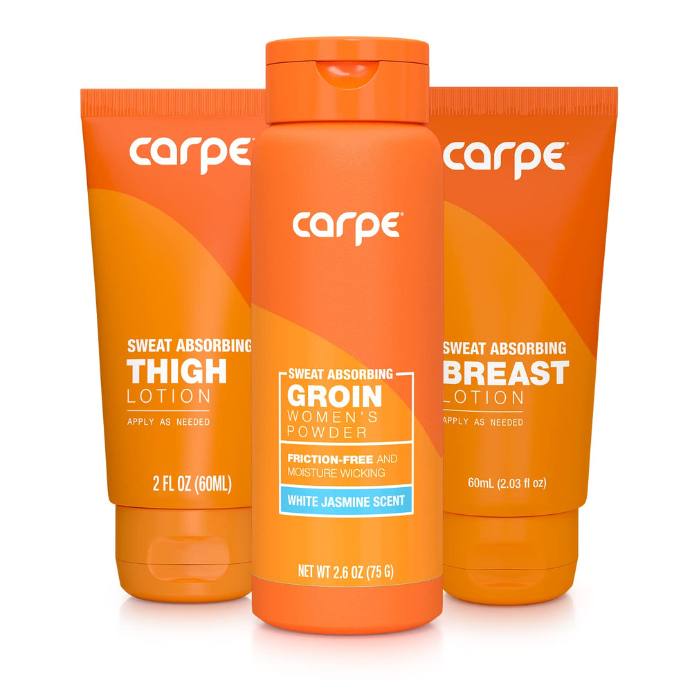Carpe breast sweat-absorb lotion bottle demonstrating quick-drying, stain-free wear.