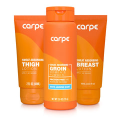 Carpe breast sweat-absorb lotion bottle demonstrating quick-drying, stain-free wear.