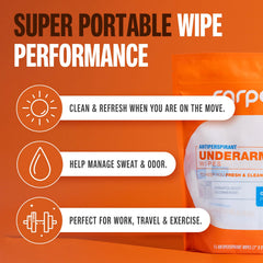 Carpe On-The-Go Wipes underarm application for instant sweat relief.