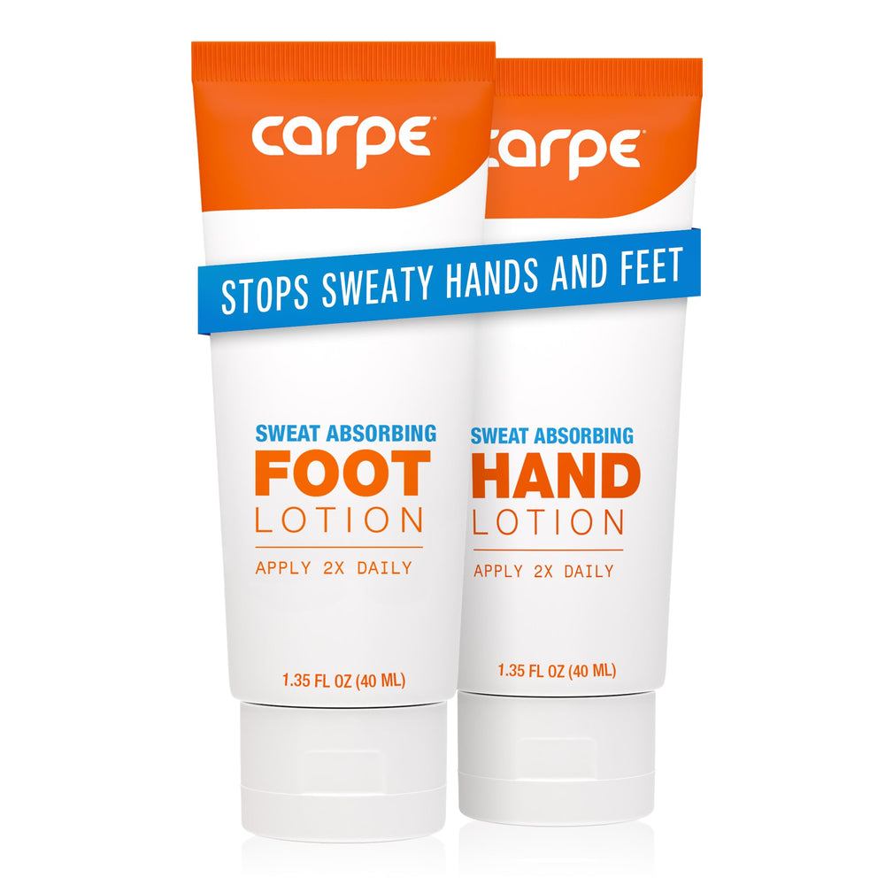Carpe sweat absorbing hand lotion bottle showing quick drying formula for hands