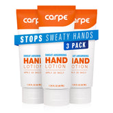Carpe Sweat Absorbing Hand Lotion pack of three on a shelf for easy daily use.