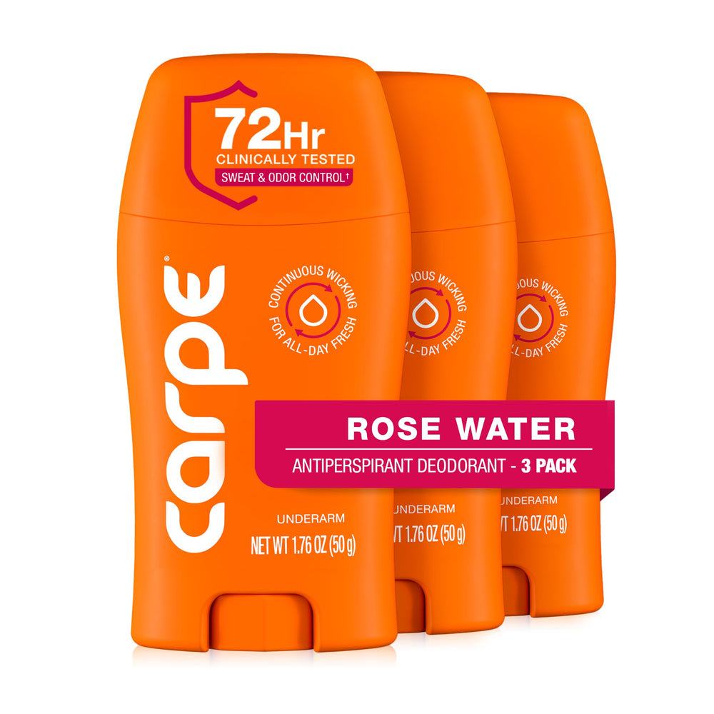 Carpe underarm antiperspirant bottle with rose water fragrance and 72-hour protection.