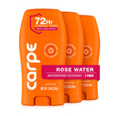 Carpe underarm antiperspirant bottle with rose water fragrance and 72-hour protection.
