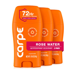Carpe underarm antiperspirant bottle with rose water fragrance and 72-hour protection.