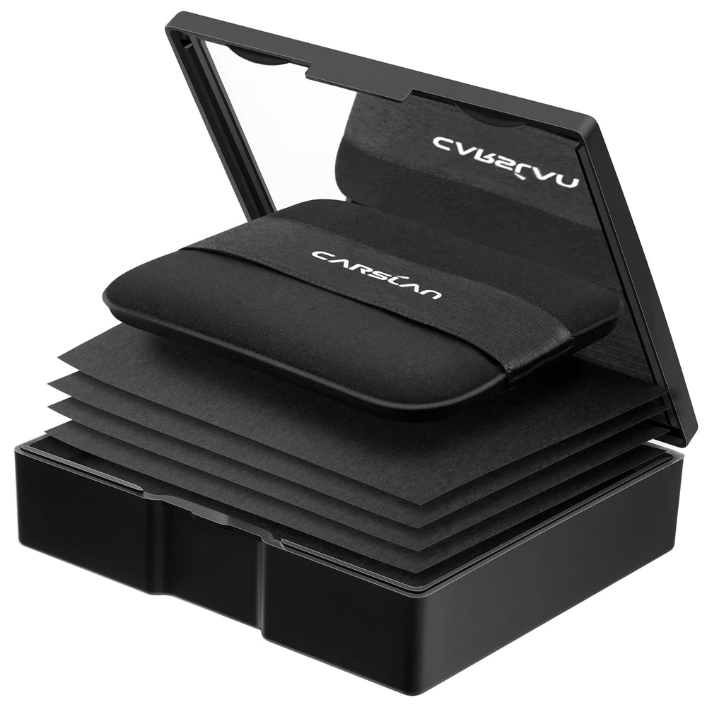 CARSLAN blotting papers with powder compact front view for quick matte touch-ups.