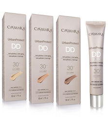 Casmara DD Cream Urban Protect bottle shows sleek packaging and a protective shield against pollution.