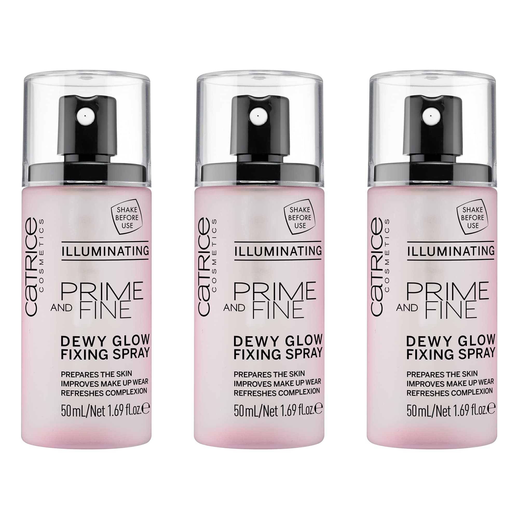 Catrice Prime & Fine Dewy Glow Spray three-pack bottle pour for quick priming.
