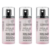 Catrice Prime & Fine Dewy Glow Spray three-pack bottle pour for quick priming.