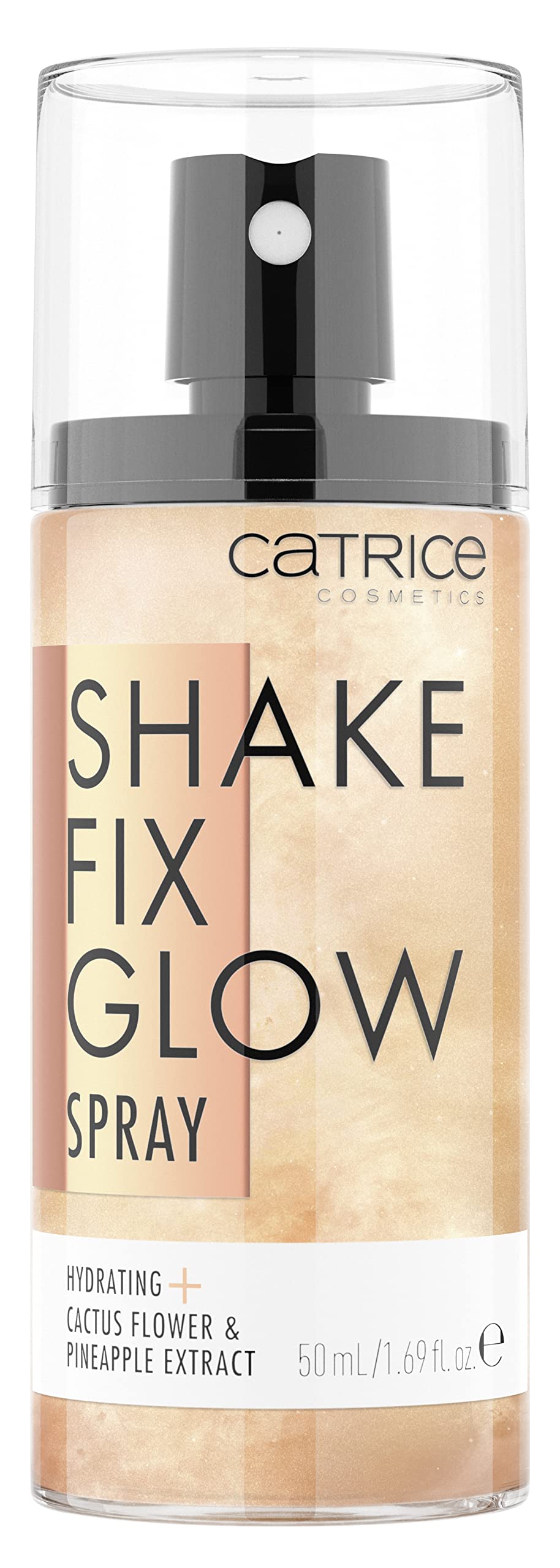 Catrice Shake Fix Glow Spray bottle close-up showing setting and hydration benefits.