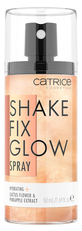 Catrice Shake Fix Glow Spray bottle close-up showing setting and hydration benefits.