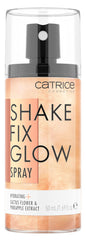 Catrice Shake Fix Glow Spray bottle close-up showing setting and hydration benefits.