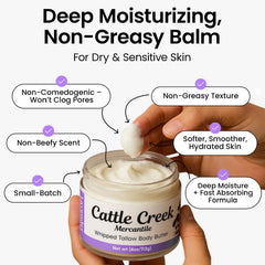 Cattle Creek Whipped Beef Tallow texture close-up highlights smooth, fast-absorbing skin care.