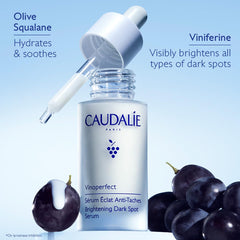 Texture on skin shows quick absorption after applying Caudalie serum.