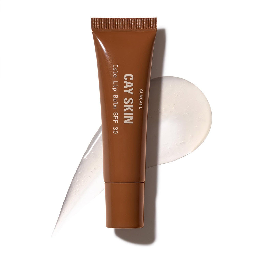 Cay Skin Isle Lip Balm SPF 30 bottle packaging highlights SPF protection and shine.