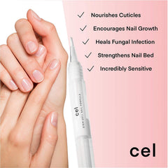 Cel MD Cuticle Oil Pen shows nail-strengthener application for daily use.