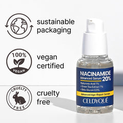 CELDYQUE Niacinamide 20% serum dropper dispensing precise amount for gentle pore care.