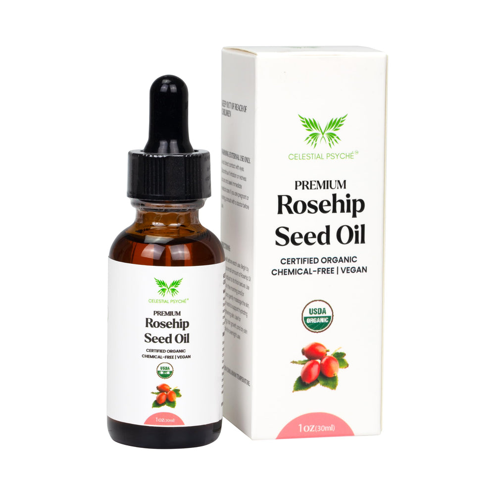 Celestial Psyché rosehip oil bottle for daily hydration and balanced skin.
