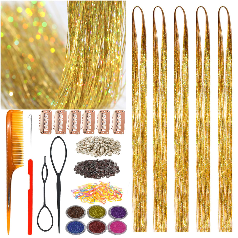 CelineBella gold hair tinsel 48inch close-up adds diamond-like shine for everyday glam