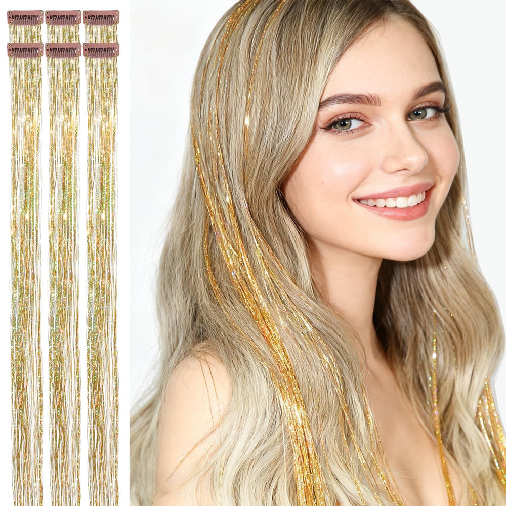 CelineBella Gold Tinsel Extensions, 24-inch clip-in, for dense, lustrous volume.