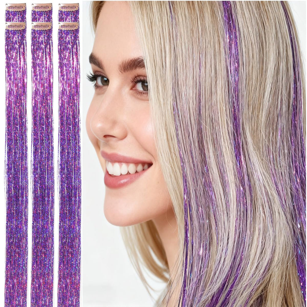 CelineBella purple tinsel hair extensions clip-in 24 inch for dramatic party looks