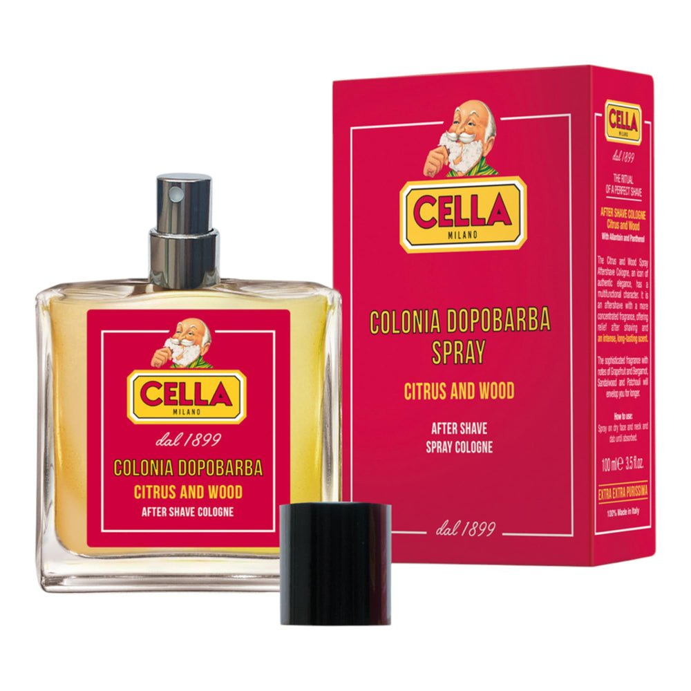 Cella Milano aftershave bottle front view for daily grooming with citrus-wood notes.
