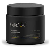 CelleFuel whipped tallow balm jar front shows rich melt-in texture for skin