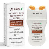 Cellulite cream with massage roller applied on legs for smoothing and absorption.