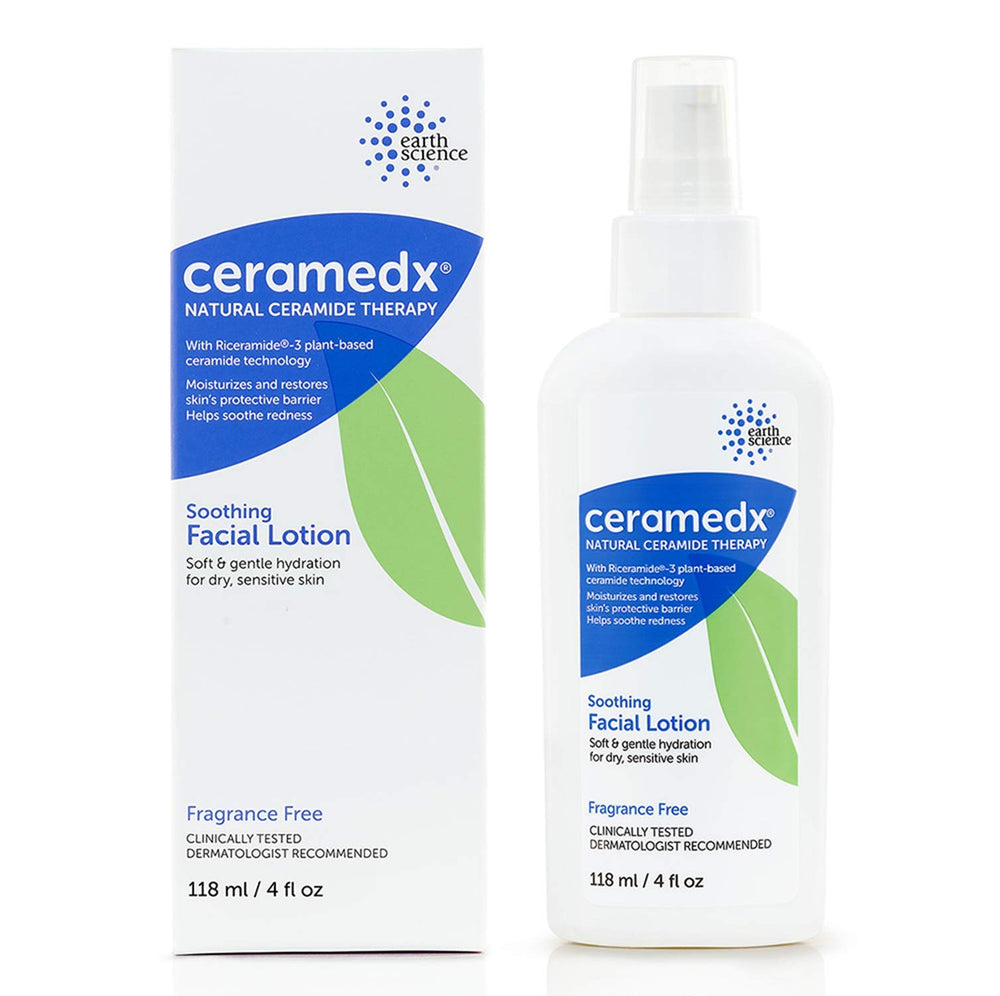 Ceramedx soothing facial lotion bottle for fragrance-free hydration on dry, sensitive skin.