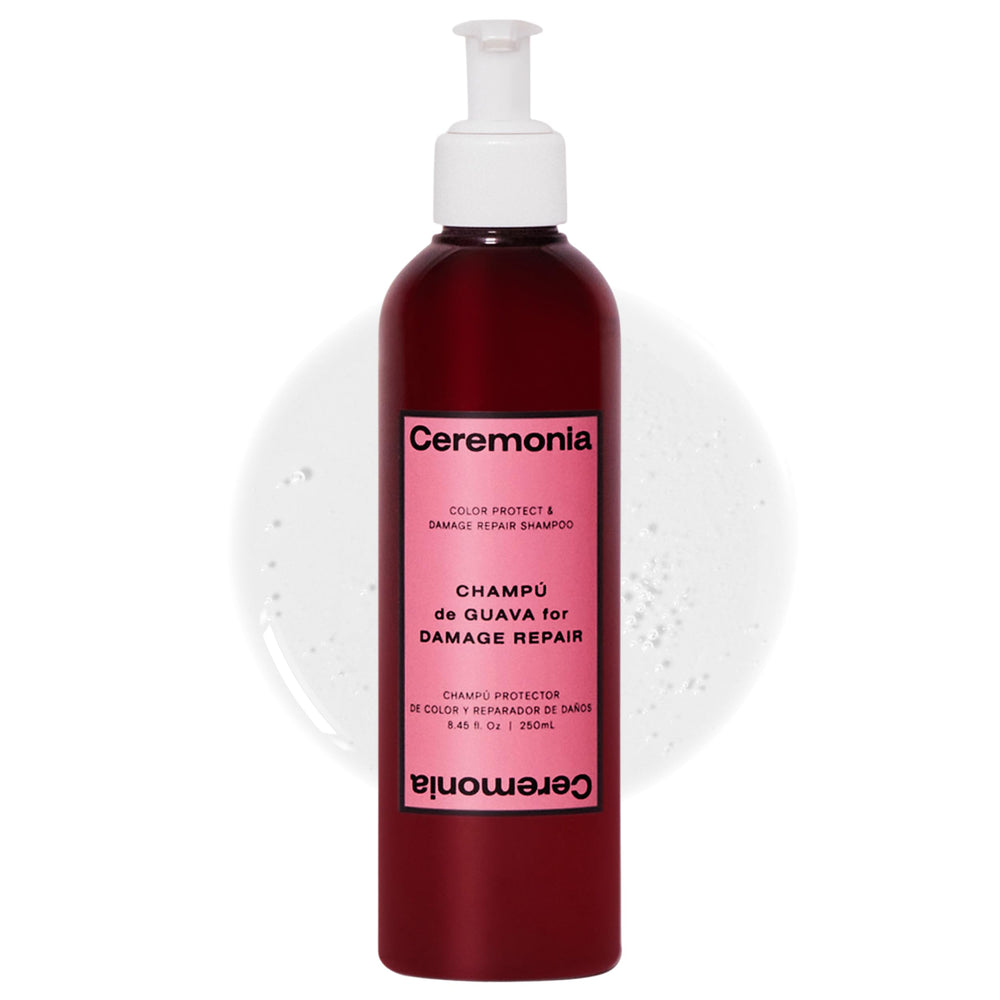 Ceremonia Guava Protect & Repair Shampoo bottle showing color-safe cleansing.