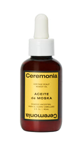Ceremonia Moska Scalp Oil bottle highlighting nourishing scalp care and shine.