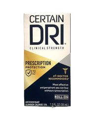 Packaging shows the Certain Dri three-pack, compact bottles for travel or gym use.