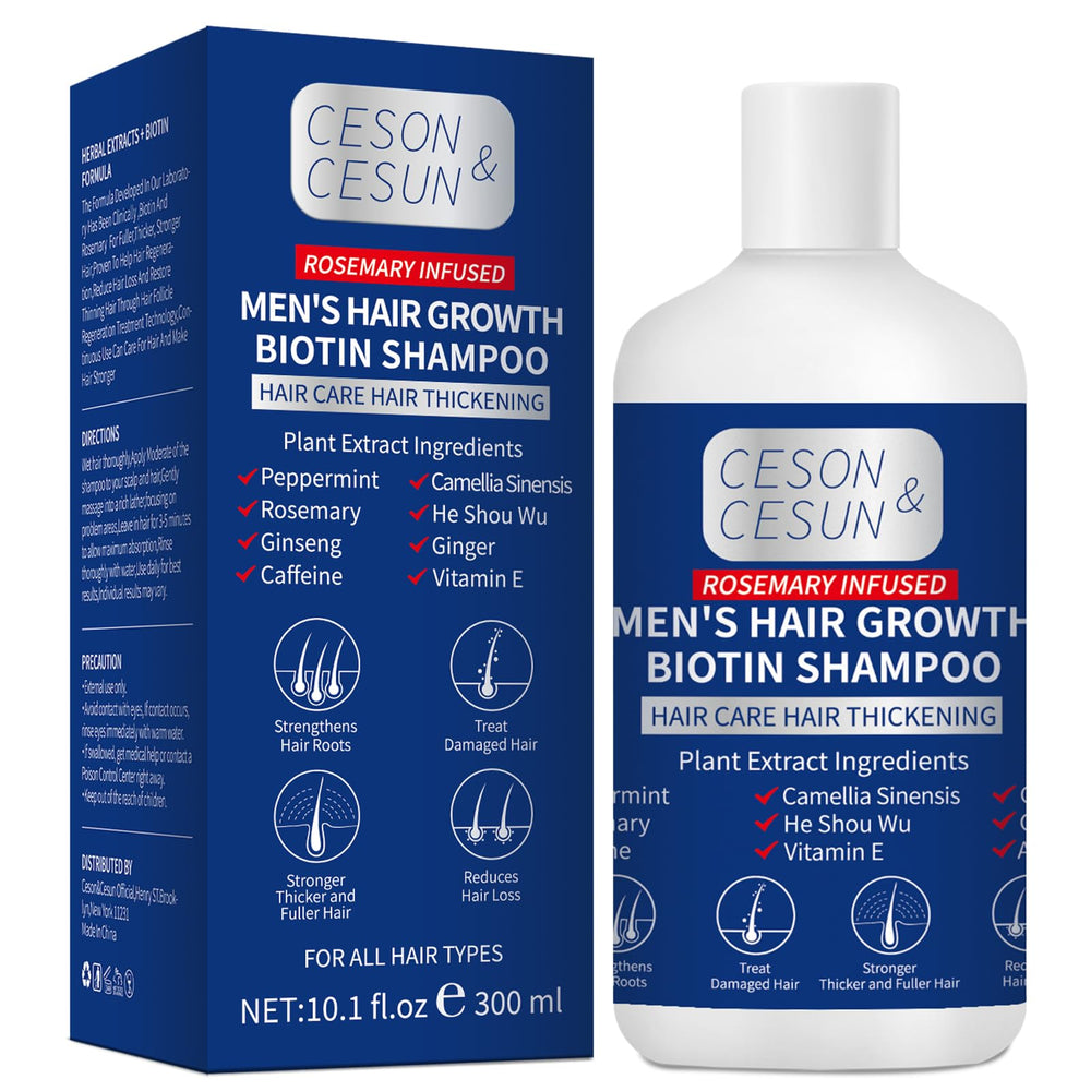 Ceson&Cesun rosemary biotin shampoo bottle front promotes a thicker look.