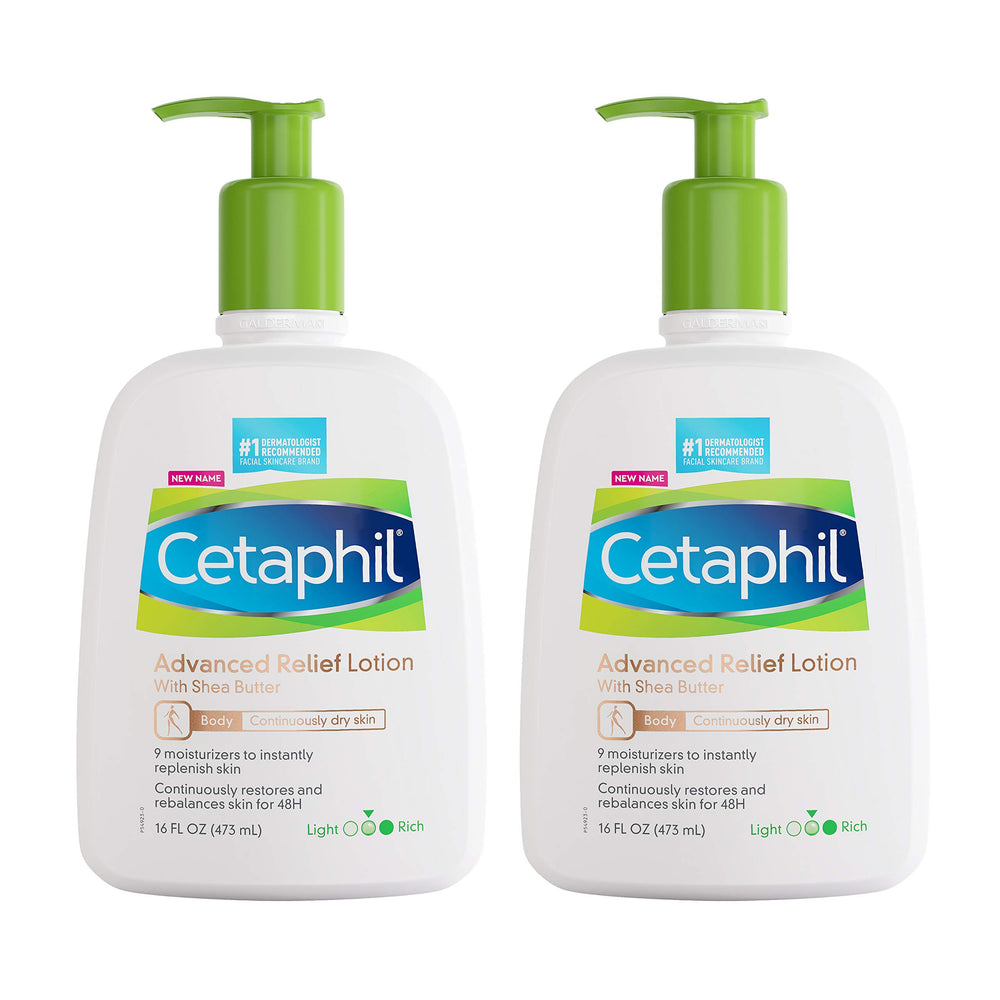 Cetaphil Advanced Relief Lotion jar with shea butter delivers 48-hour hydration for dry skin.