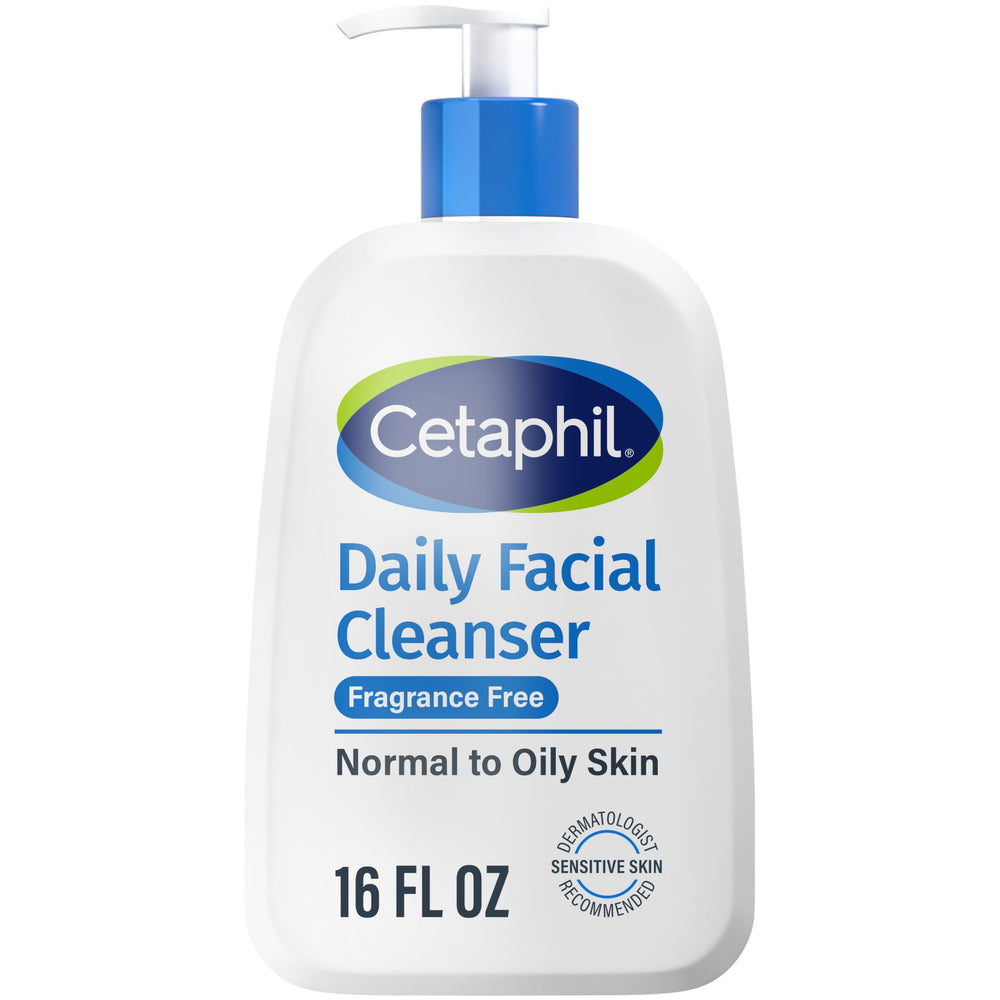 Cetaphil Daily Facial Cleanser bottle front, fragrance-free for sensitive skin.