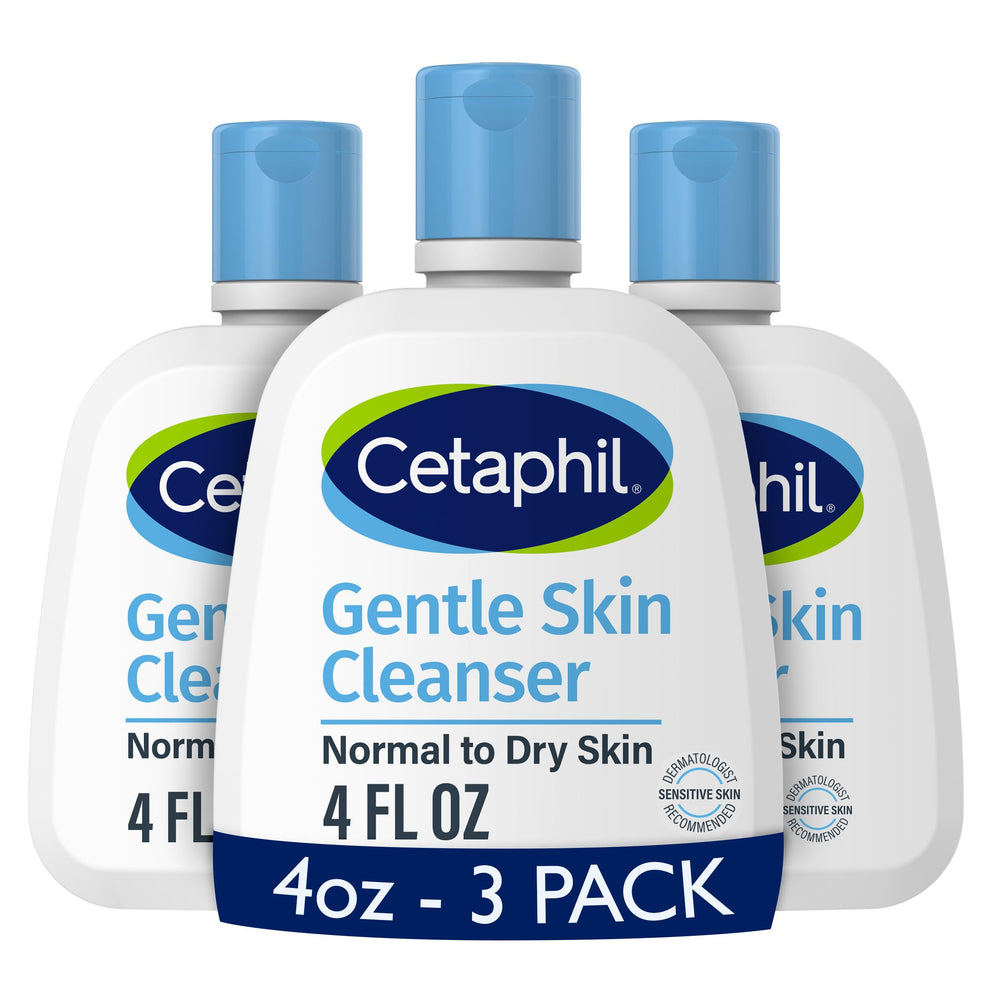 Cetaphil Gentle Skin Cleanser bottle front shows fragrance-free formula for sensitive skin.
