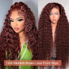 Cfaimity reddish brown deep wave lace front wig side view for versatile styling