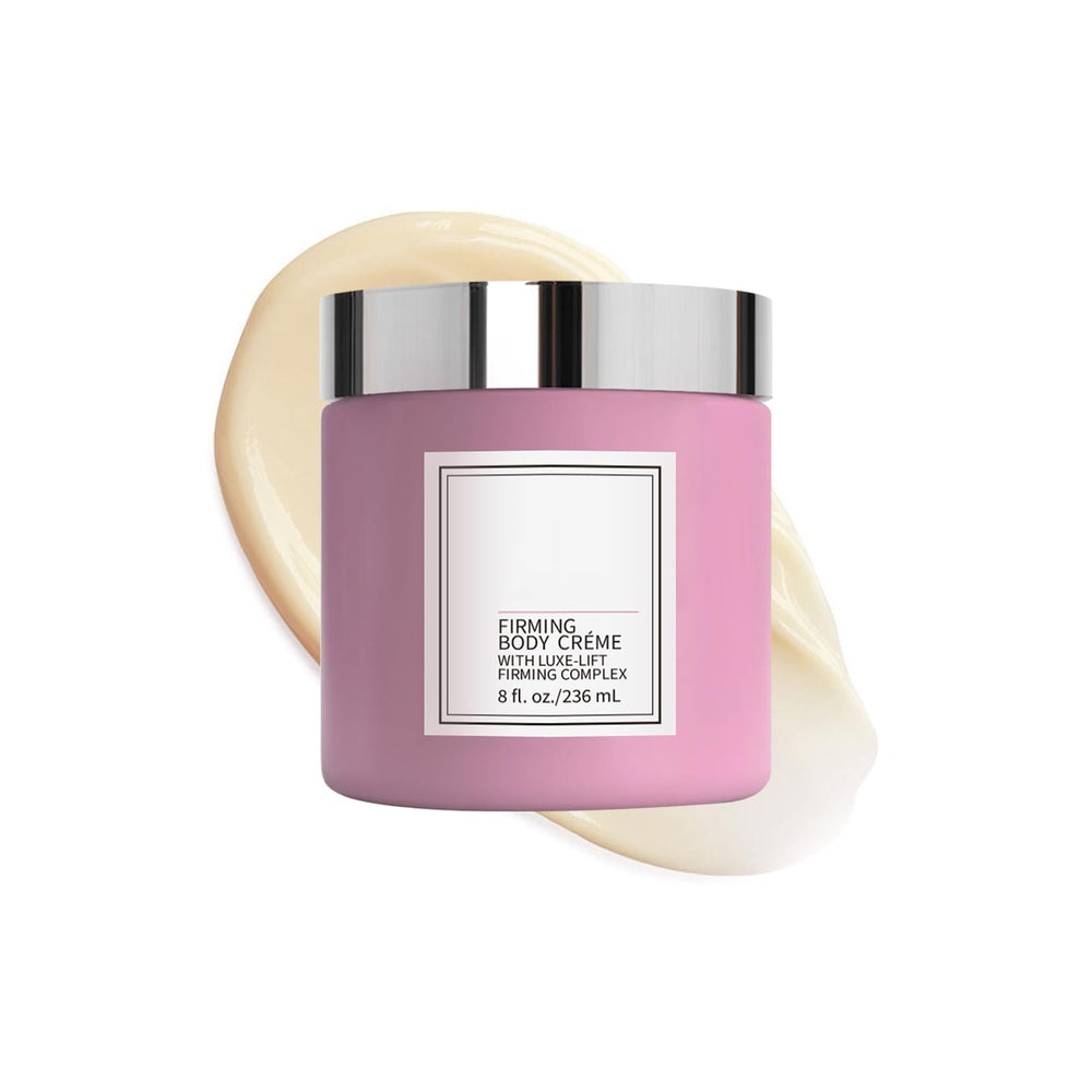 Champagne Moisturizing Firming Body Creme jar shows hydrating formula for dry skin.